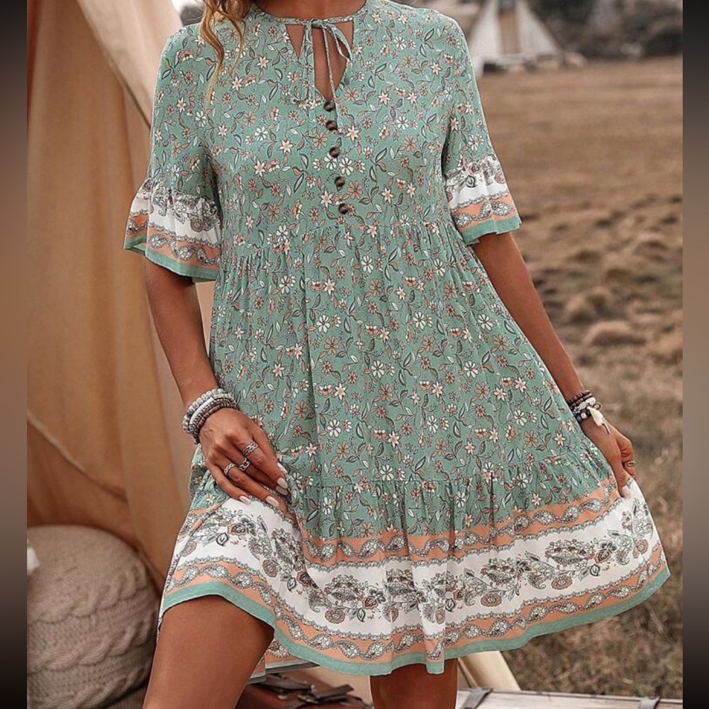 Floral Green Boho Dress